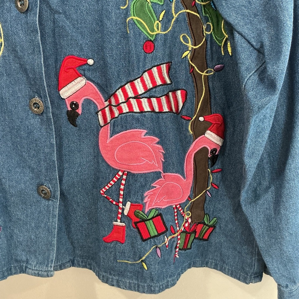 Tantrum Vintage Christmas Jean Shirt Xl Embroidered Christmas Holiday Wear Beach - Picture 2 of 4